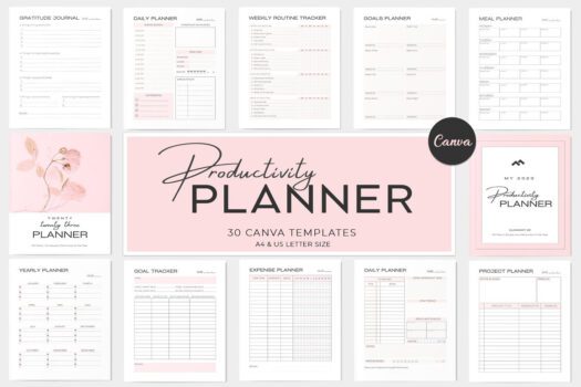 editable planner canva template set minimalist planner printable undated daily weekly monthly yearly goal calendar productivity planner budget bill finance custom canva planner simple customizable